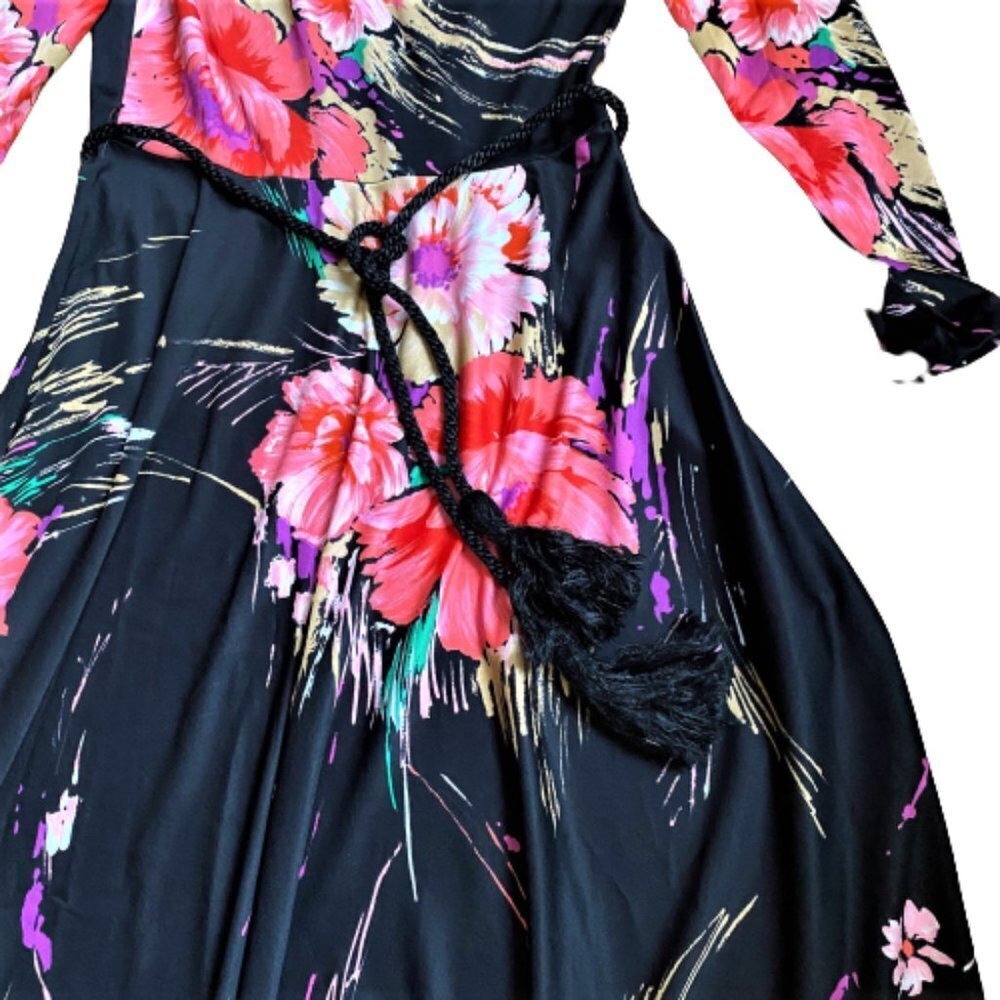 Vintage 70s A line maxi floral dress wi rope belt - Picture 4 of 15
